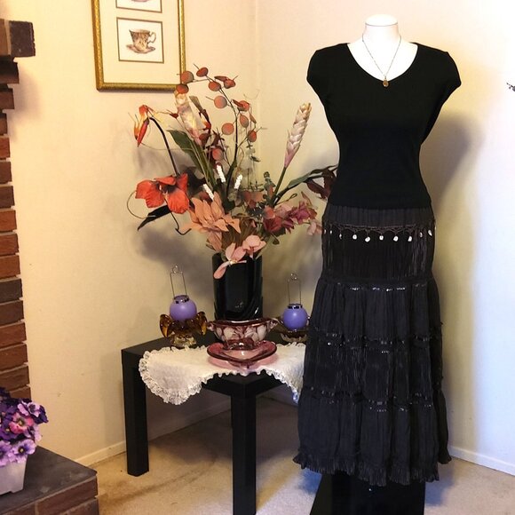 NWT Unique Designed Dark Brown Tiered Pleated Maxi Lined Skirt Lightweight - Picture 7 of 8